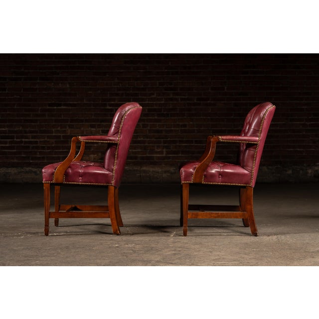Late 20th Century Pair of Tufted Leather Round-Back Dining Chairs in Burgundy For Sale In Chicago - Image 6 of 12