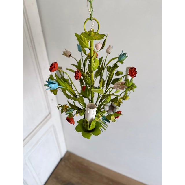 Mid-Century Floral Bouquet 3-Light Chandelier in Green Painted Tole Metal, 1960s For Sale - Image 4 of 16