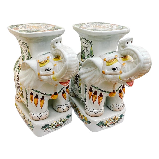 Mid 20th Century Hollywood Regency Style Chinoiserie Elephant Garden Stools - A Pair For Sale