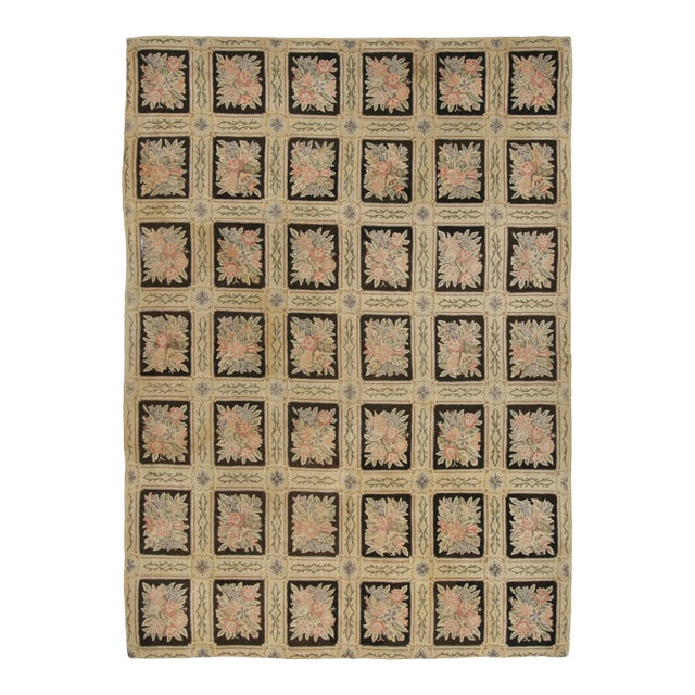 Antique Hooked Rug in Gold With Floral Garden Lattice Design - Rug & Kilim For Sale
