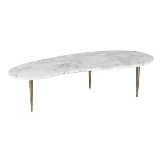 Italian Organic Form Carrara Marble Cocktail Table With Brass Legs For Sale