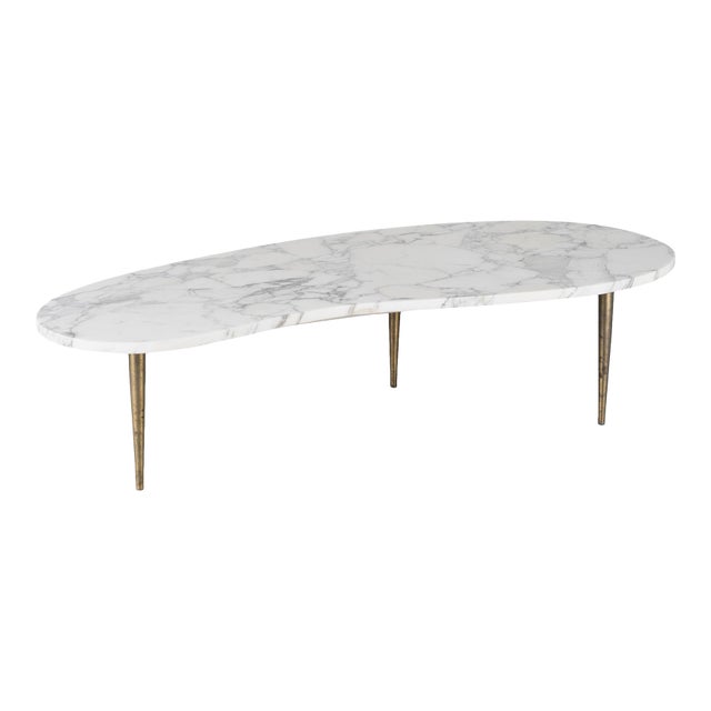 Italian Organic Form Carrara Marble Cocktail Table With Brass Legs For Sale