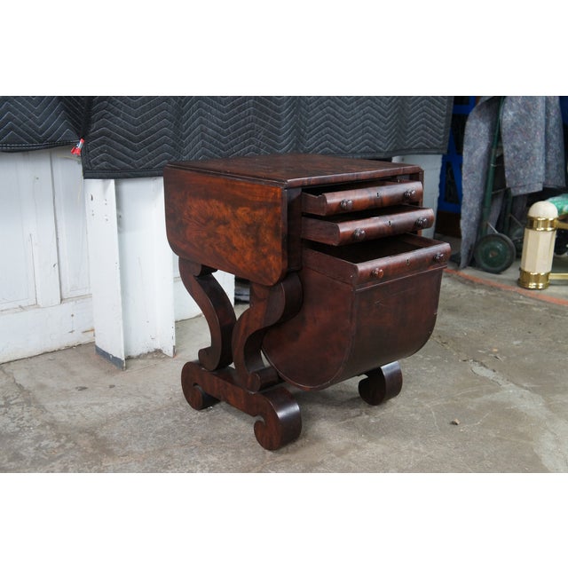 Antique American Empire Crotch Mahogany Drop Leaf Sewing Work Side Table Cabinet For Sale - Image 9 of 14