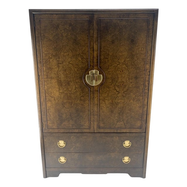 Large Burl Wood Brass 2 Doors Drawer Mastercraft Gentleman's Chest Dresser MINT For Sale