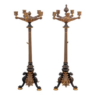 Roman Style Gilt Patinated Bronze Candelabra, Pair For Sale