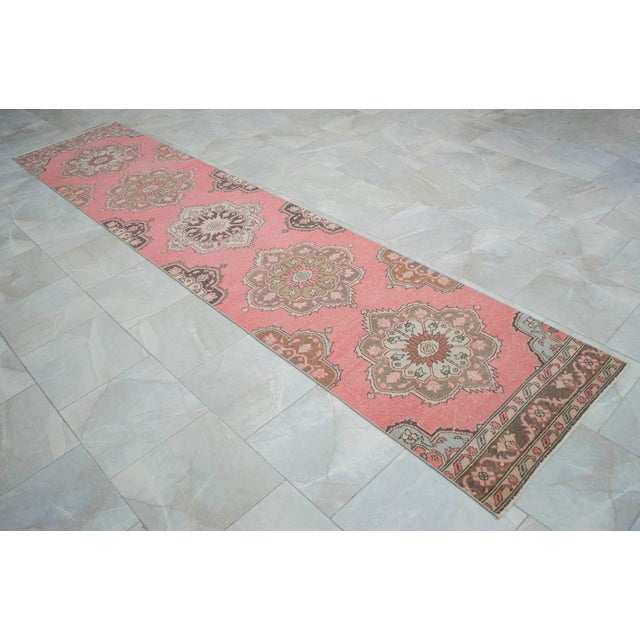 Textile 1970s Distressed Oushak Runner Rug Low Pile Faded Colors Pink Hallway Decor - 2'8″ X 12'7″ For Sale - Image 7 of 13