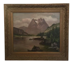 19th Century Mountain Landscape Oil Painting by Anton Pick, Framed
