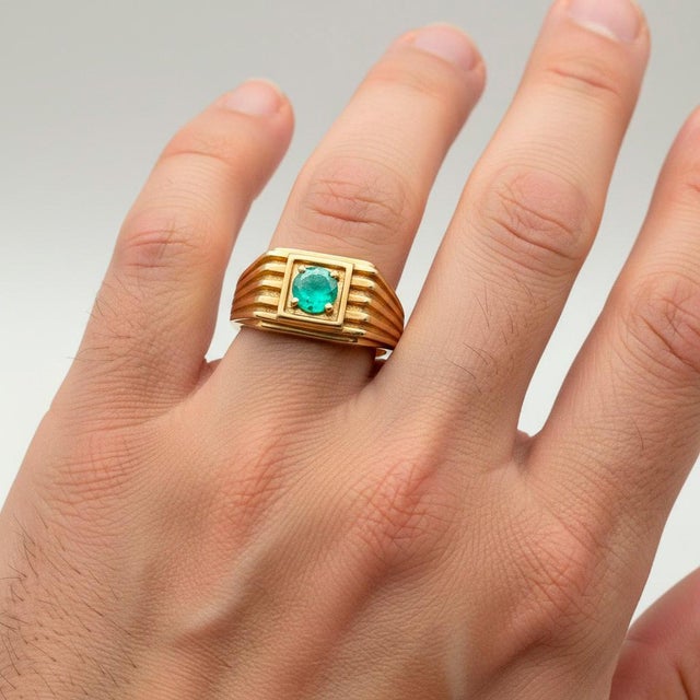 Metal Emerald Solitaire Ring for Men Silver, Gold, Size 10 For Sale - Image 7 of 7