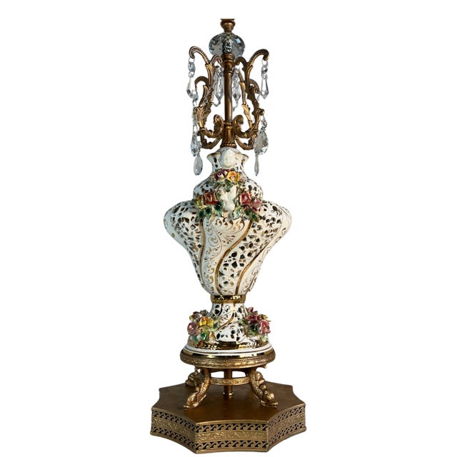 Metal Capodimonte Porcelain Cherub Floral Lamp With Crystal Prisms For Sale - Image 7 of 18