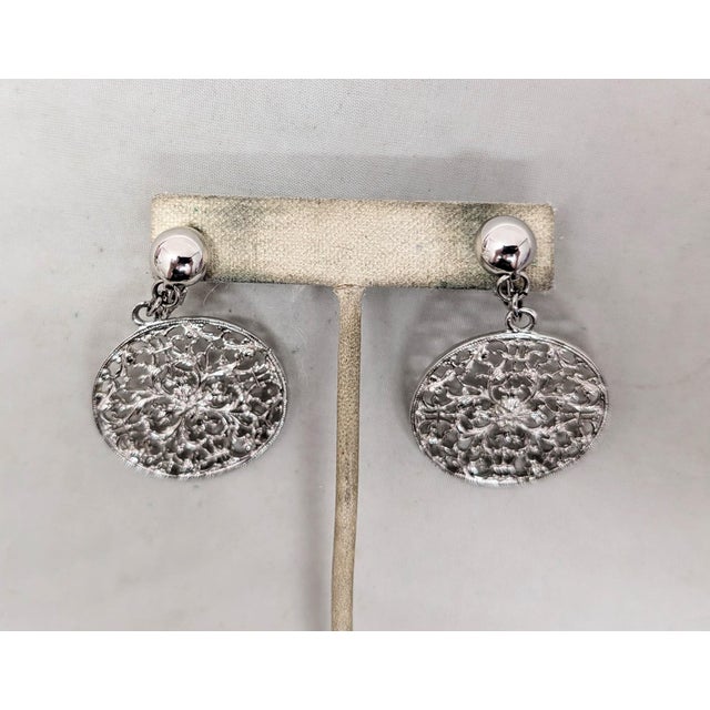 Metal Vintage C1973 Signed Napier Rhodium Plated Openwork Drop Clip Earrings-2 Pieces For Sale - Image 7 of 8
