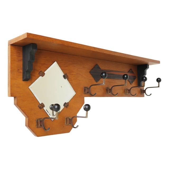 Dutch Art Deco Coat Rack with Beveled Mirror in Oak, 1930 For Sale