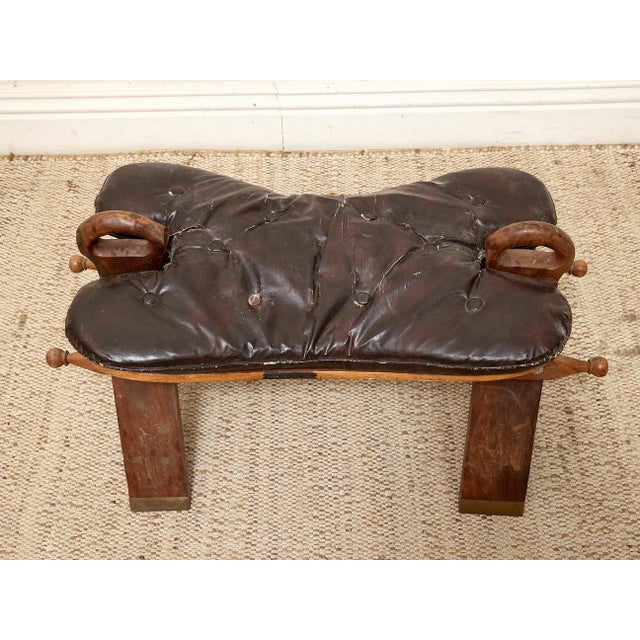 Early 20th Century Vintage Leather Saddle Stool With Tufted Seat and Sculptural Wood Frame as Found For Sale - Image 5 of 12
