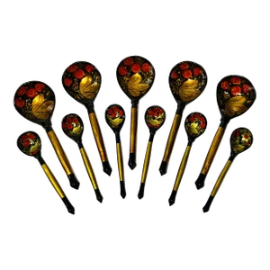 Vintage Khokhloma Hand-Painted Wood Lacquerware Serving Spoons - Set of 11