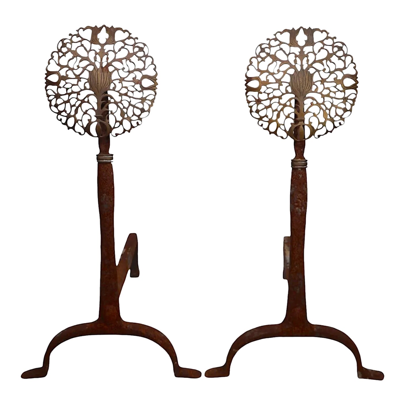 Pr. Brass Filigree Medallion Wrought Iron Base Andirons Att. To ...