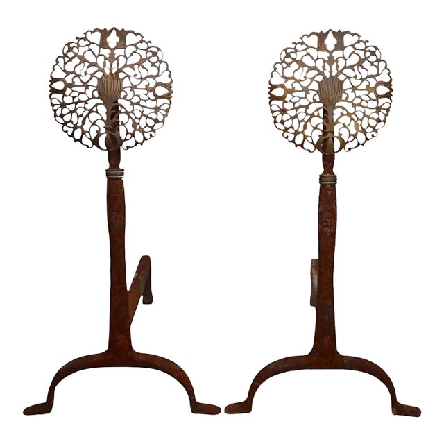 Pr. Brass Filigree Medallion Wrought Iron Base Andirons Att. To Virginia Metal Crafters For Sale