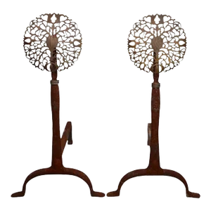 Pr. Brass Filigree Medallion Wrought Iron Base Andirons Att. To Virginia Metal Crafters