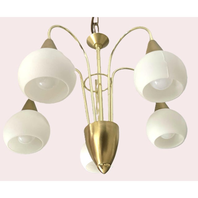 Brass and Opaline Glass 5-Light Chandelier from Honsel Leuchten, Germany, 1970s For Sale - Image 6 of 18