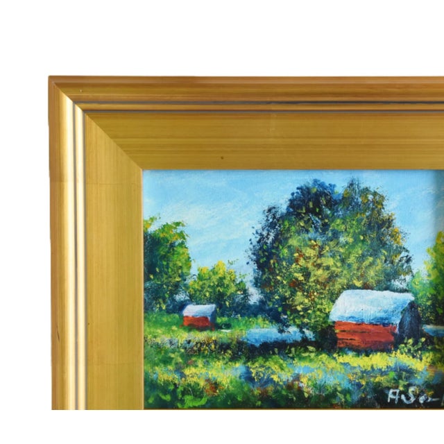 Red Cottages & Lush Landscape Oil Painting W/ Antiqued Gold Wood Frame For Sale In Los Angeles - Image 6 of 10