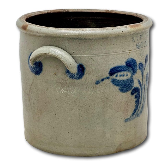 Mid 19th Century Excellent 1850s Antique American Blue 2 Gallon Flower Decorated Stoneware Jar by S. T. Brewer - Havana New York For Sale - Image 5 of 18