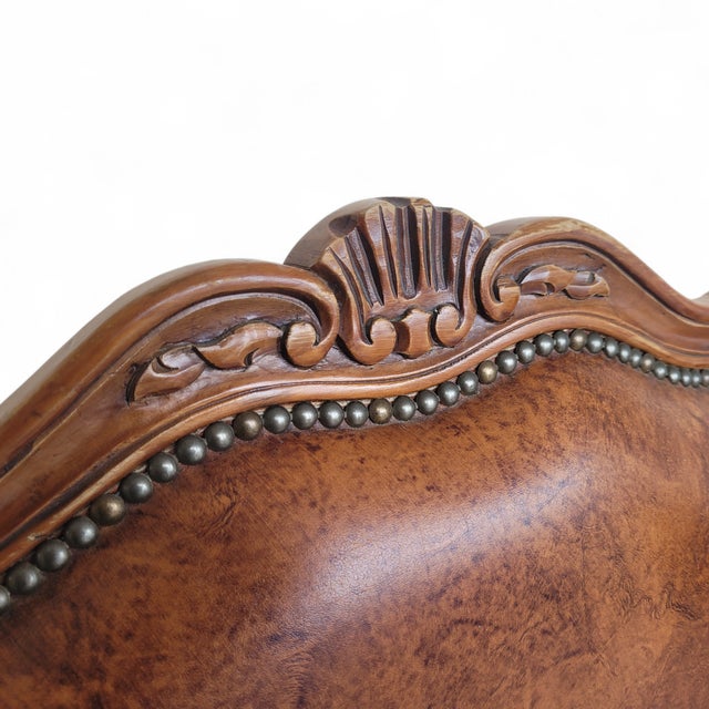 French Louis XV Style Carved Walnut and Patinated Leather Armchair, 1920s For Sale - Image 18 of 18