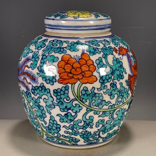 Late 20th Century Chinese Wucai Porcelain Phoenix & Floral Covered Jar For Sale - Image 5 of 9
