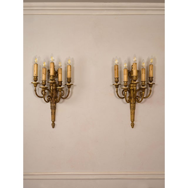Mid-Century Modern Vintage Empire Style Five-Light Wall Lights in Chiseled Bronze, 1940s, Set of 2 For Sale - Image 3 of 10