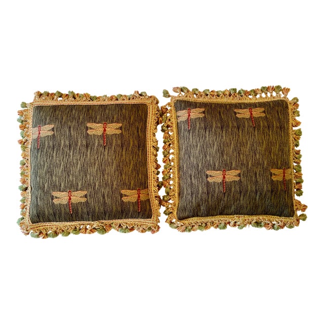 Late 20th Century Custom Made Dragonflies Down Insert Cushions - a Pair For Sale