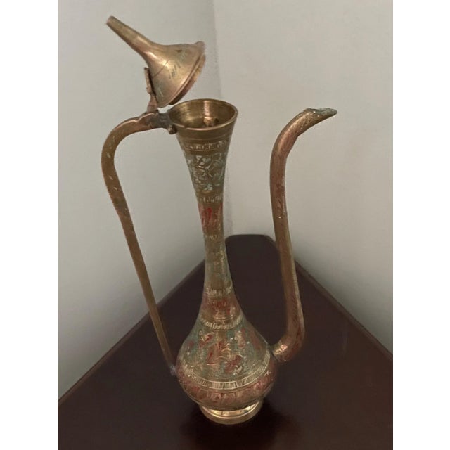 Indian Vintage Solid Brass Hand Etched Teapot Ewer Pitcher With Hinged Lid For Sale - Image 3 of 8