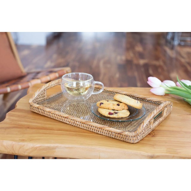 Wood Artifacts Rattan Rectangular Serving Tray with High Handles in Honey Brown - 14" For Sale - Image 7 of 13