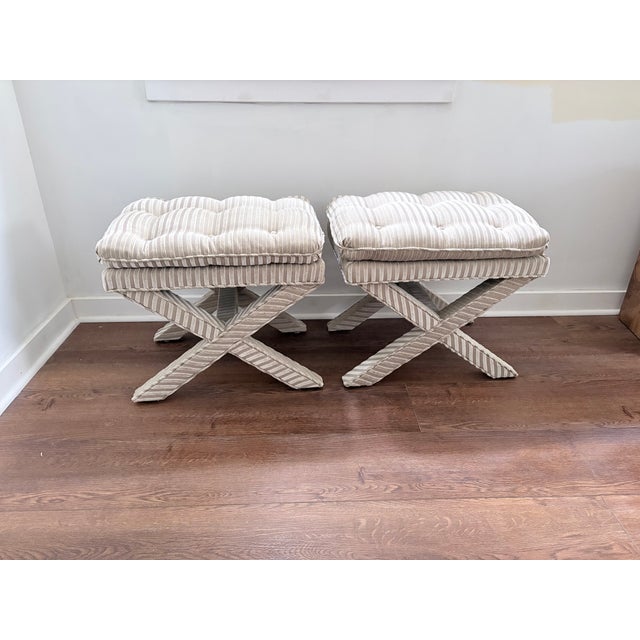 Pair of Upholstered X Leg Benches For Sale - Image 4 of 14