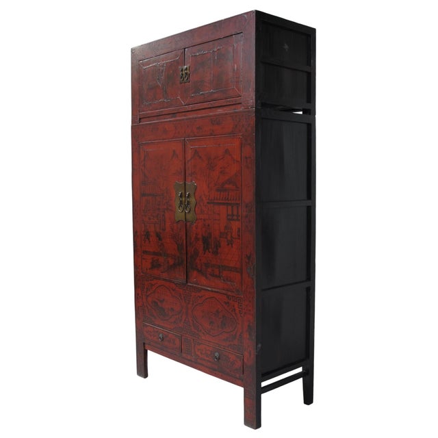 Chinoiserie 96" Tall Red Lacquer Antique Chinese Chinoiserie-Style Cabinet For Sale - Image 3 of 15
