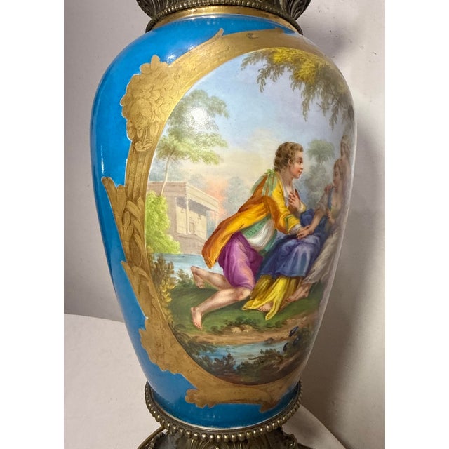 Large Antique Ornate Sevres Painted Porcelain Bronze Electric Table Lamp Vase For Sale - Image 9 of 16