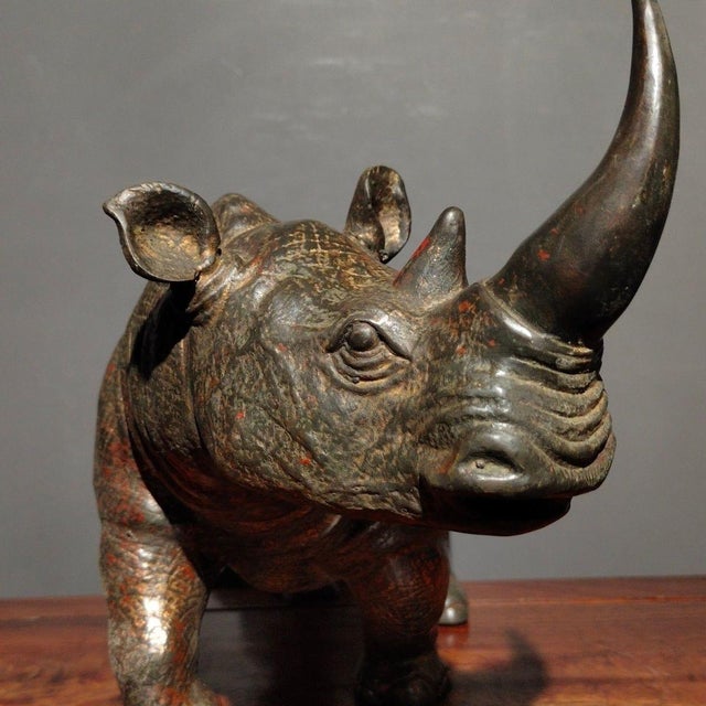 Mid 20th Century Vintage Gilt Accent Bronze Rhinoceros Sculpture, Textured Rhino Statue For Sale - Image 5 of 7