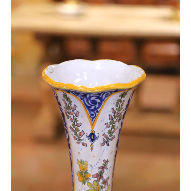 Ceramic Pair of 19th Century French Hb Quimper Hand Painted Faience Tall Neck Vases For Sale - Image 7 of 16