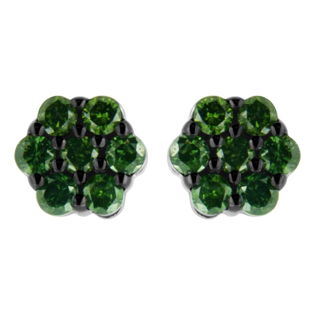 .925 Sterling Silver 2.0 Cttw Prong Set Round-Cut Treated Green Diamond Floral Cluster Stud Earring (Fancy Green Color, I1-I2 Clarity) For Sale