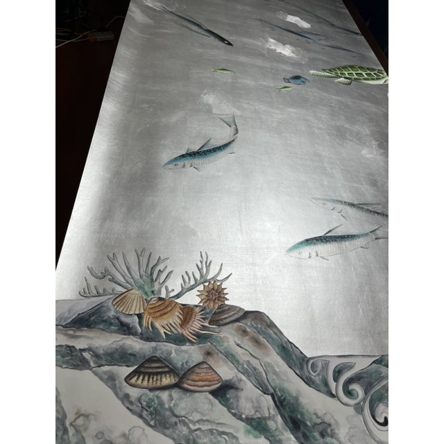 Not Yet Made - Made To Order Hand Painted Coral Fish Wallpaper on Antiqued Silver Metallic Panel - Set of 4 For Sale - Image 5 of 10