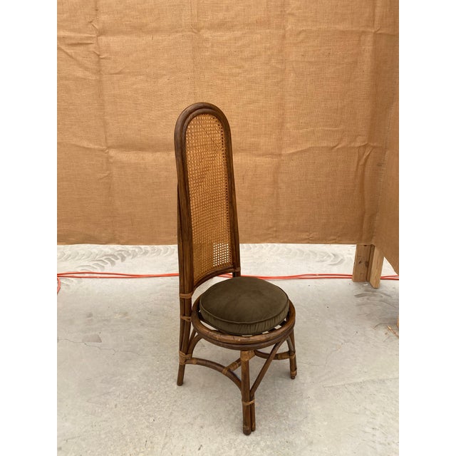 1960s Rattan + Cane Dining Chairs + Dark Moss Green Down Seat Cushions, Set of 8 For Sale - Image 10 of 12