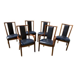 Mid-Century Modern Wood and Black Vinyl Dining Chairs- Set of 6 For Sale
