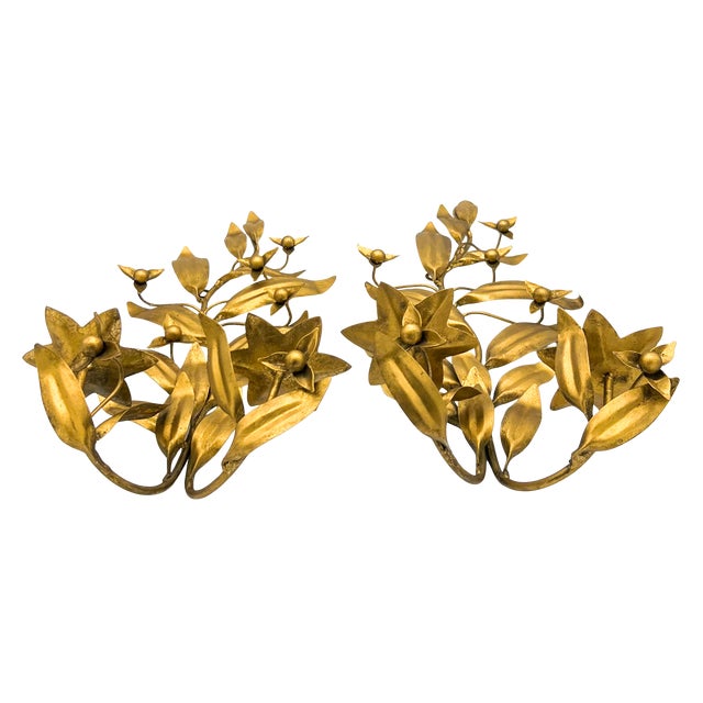 Metal Vintage Italian Gilt Tole Floral Wall Sconces, Pair – Hollywood Regency / Italian Provincial For Sale - Image 7 of 9