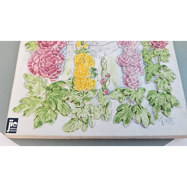 White Ceramic Tile with Mallow Flowers, Sweden, 1980s For Sale - Image 8 of 10