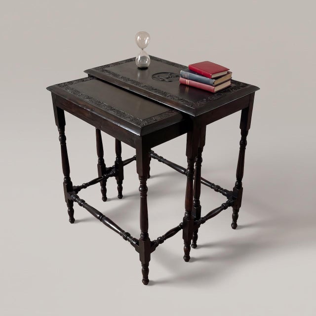 Victorian English Dyed and Carved Walnut Nesting Tables with Ivy Borders and Stag Emblem, 1890s, Set of 2 For Sale - Image 15 of 16