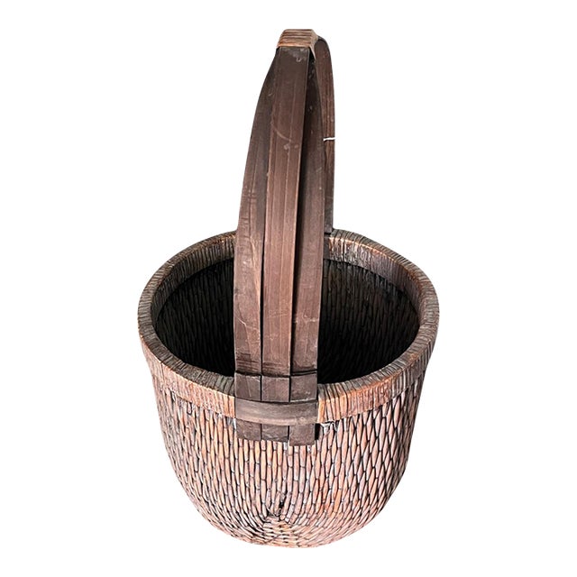31" Tall Rare Antique Asian Gathering Fisherman Basket Early 20th Century Farmhouse Rustic For Sale