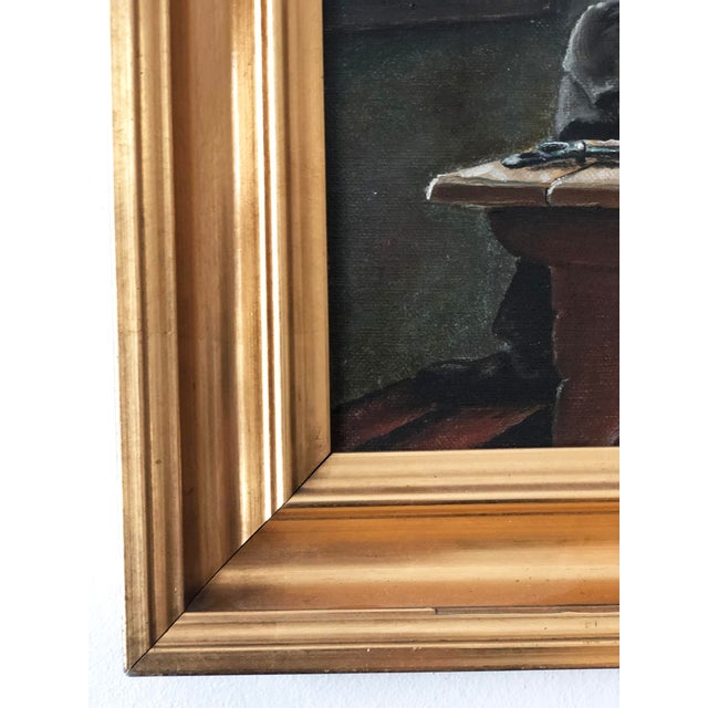 Blue Vintage Original Cottage Oil Painting: Gilded Framed Interior Art For Sale - Image 8 of 12