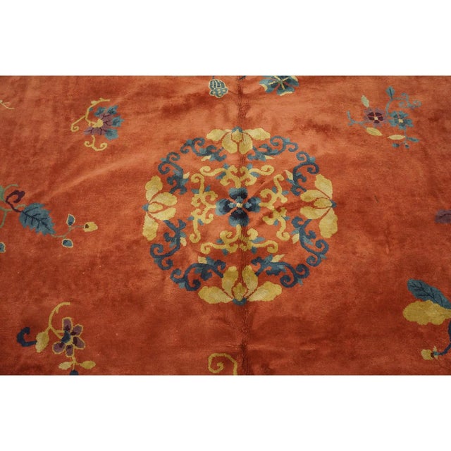 1920s Burnt Orange Field Floral Deco Oriental Antique Chinese Peking Knotted Rug For Sale In New York - Image 6 of 10