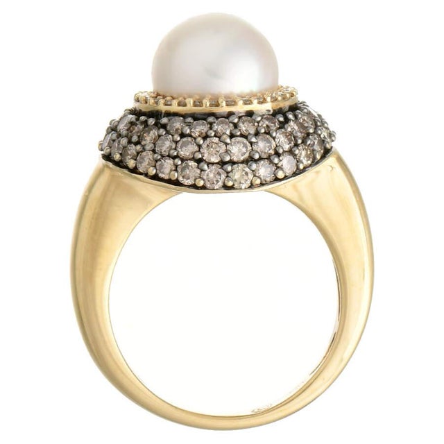 14KYW Cultured Akoya Pearl & White/Brown Diamond Ring, size 5 For Sale - Image 4 of 5