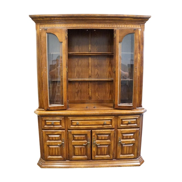 High End Vintage Solid Oak Rustic European 62" Buffet W. Lighted Display China Cabinet 7080-67 / 7080-68 For Sale - Image 4 of 14