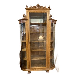 Antique Edwardian Golden Oak China or Curio Cabinet With Curved Original Glass For Sale