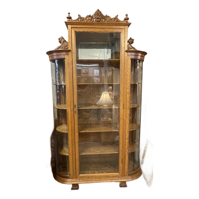 Antique Edwardian Golden Oak China or Curio Cabinet With Curved Original Glass For Sale