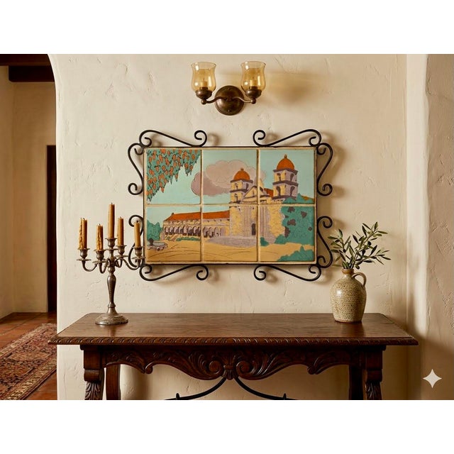 Taylor Tilery –Mission Santa Barbara,1930s Spanish Revival Hand-Painted Tile Panel in Iron Frame Set of 6 original 1930s...
