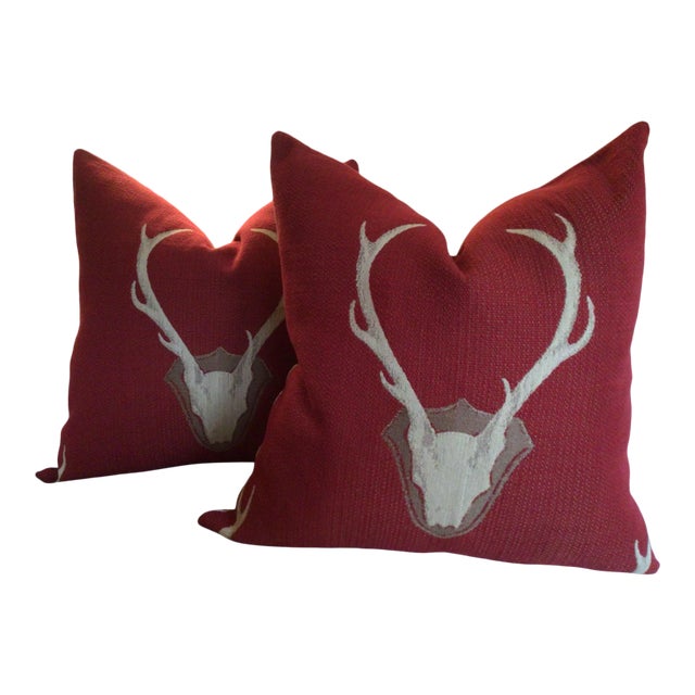 Contemporary Uncle Buck in Red Down-Filled Pillows- a Pair For Sale